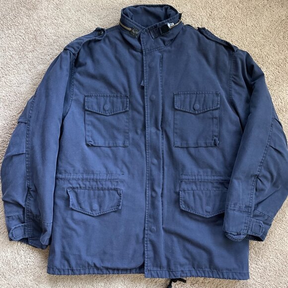 Men's Medium Utility Chore Barn Faded Field Coat Jacket Navy Blue Hood Insulated